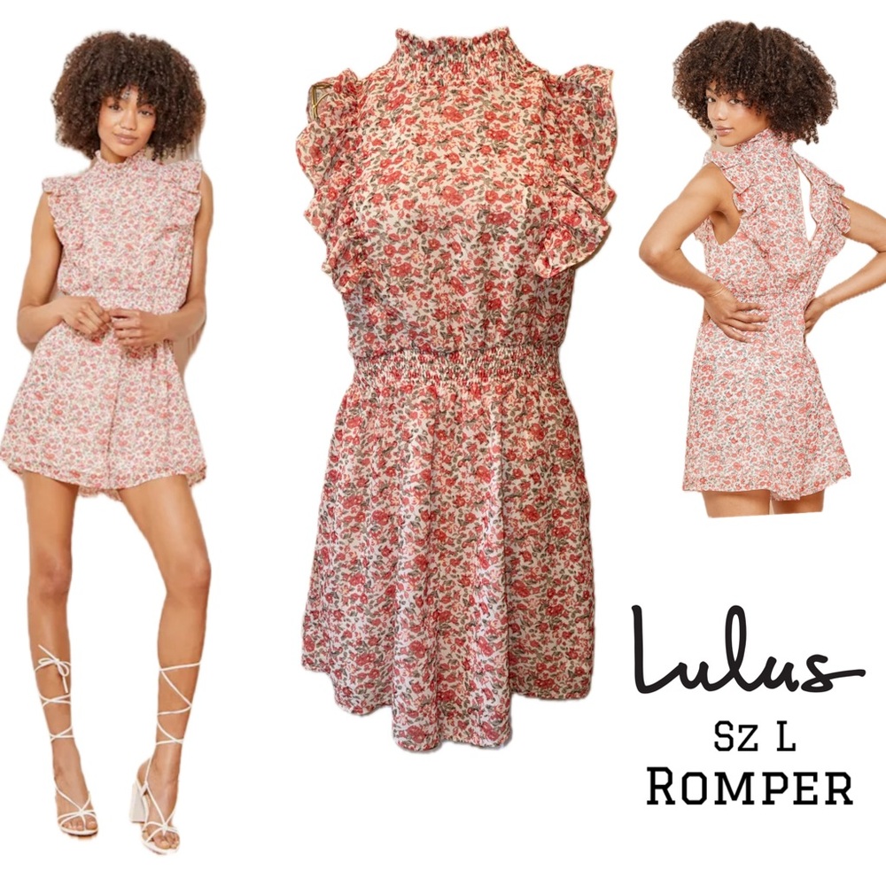 Lulu's Pink Floral Sleeveless Romper with Ruffle Accents
